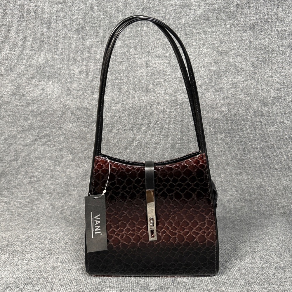 VANI Shoulder Bag Handbag Patent Ombre Glossy Faux Croc 2 in 1 Bag Zipped Pocket